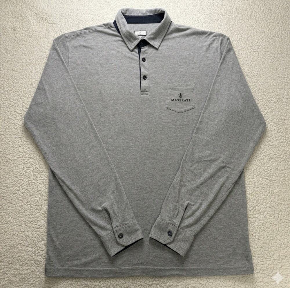 Maserati Men's 4XL Gray Long Sleeve Polo Sport Shirt with Chest Pocket Luxury
